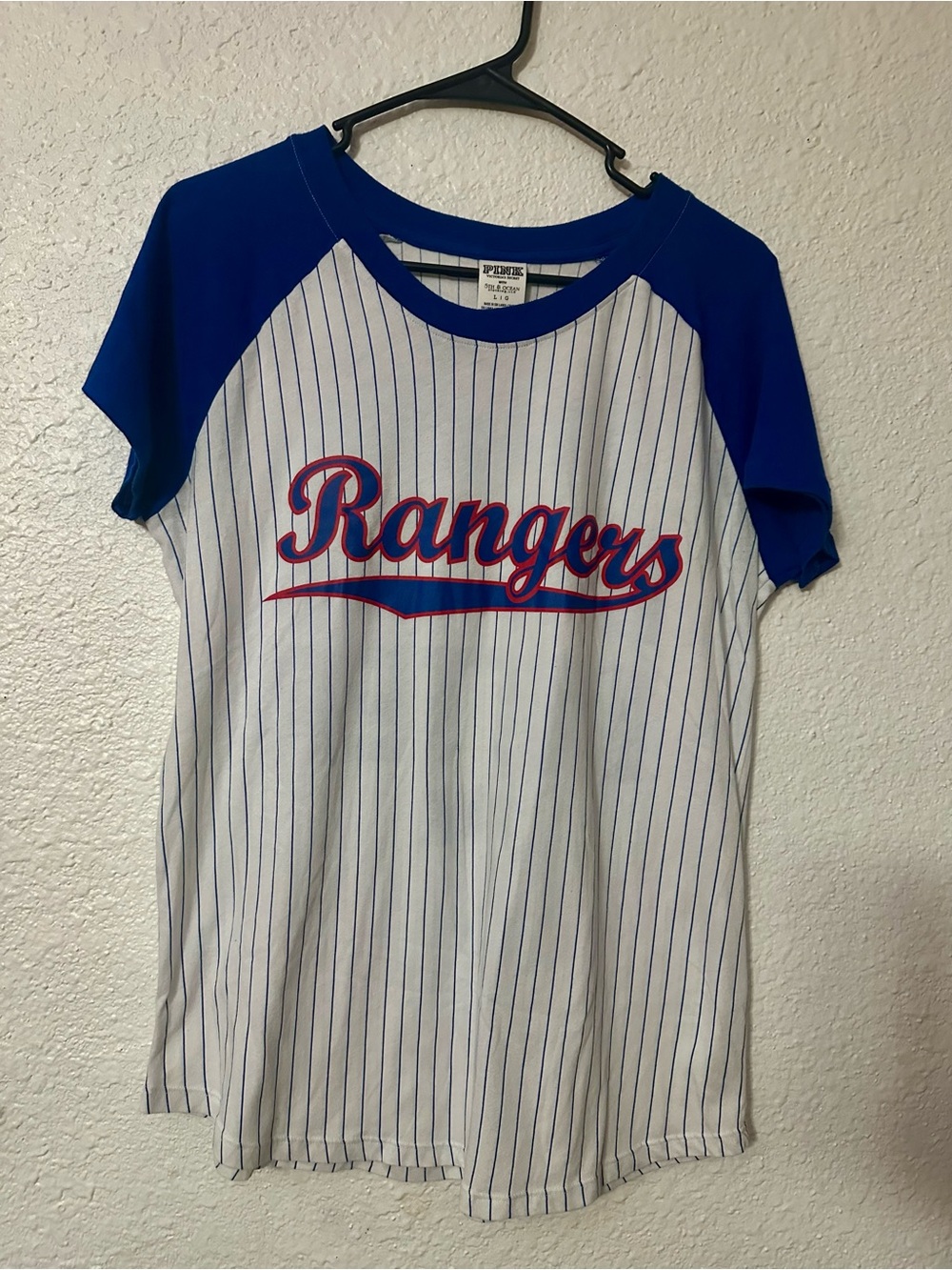 PINK Victoria's Secret Raglan Rangers Tee with Royal Blue Sleeves